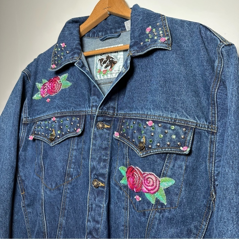 Vintage East West 80s 90s Sequin Floral Embellished Cotton Denim Jacket Sz L - Picture 2 of 10